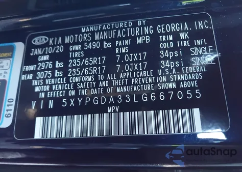 2020 Kia Sorento 2.4L Lx z USA, uszkodzony, nr VIN 5XYPGDA33LG667055